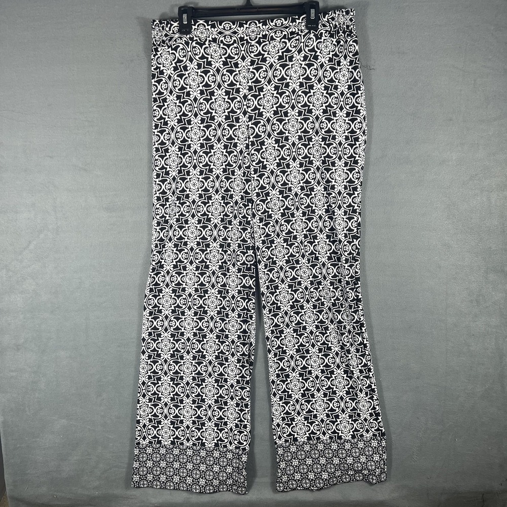 NY Collection Women's Size L Black White Medallion Print Wide Leg Pull On Pants